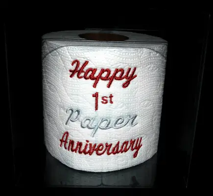 Embroidered toilet paper anniversary gift from Etsy