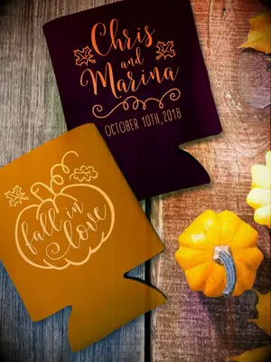Fall-themed drink koozies personalized with couple