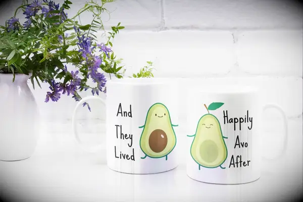 Funny avocado-themed matching mugs from Etsy