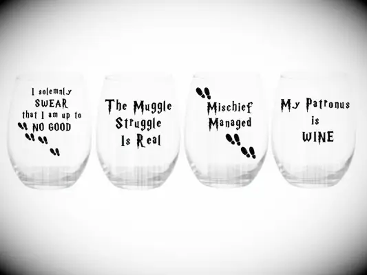 Set of wine glasses with sayings like: Mischief Managed, My Patronus is Wine