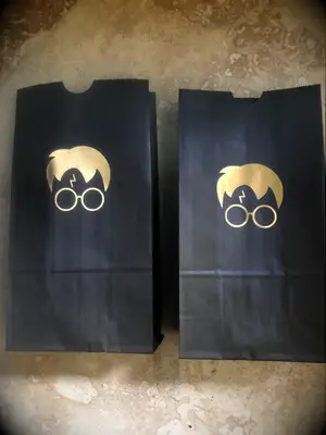 Black paper bag with gold Harry Potter head graphic