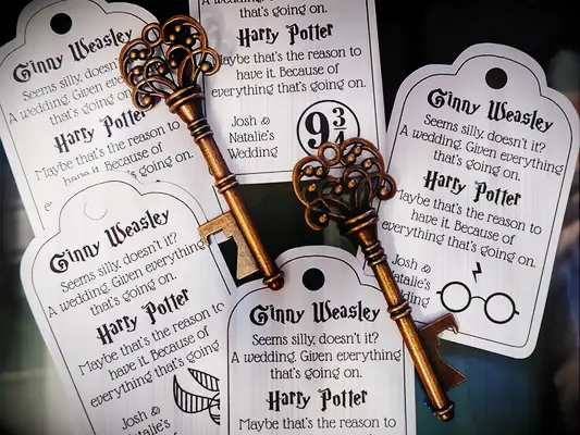 Rustic gold key with quote from Ginny Weasley that reads: Seems silly, doesn