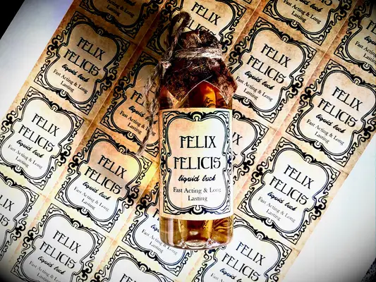 Small bottle with Felix Felicis liquid luck rustic tag with intricate border