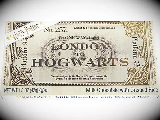 Chocolate bar with gold wrapper resembling a London to Hogwarts train ticket