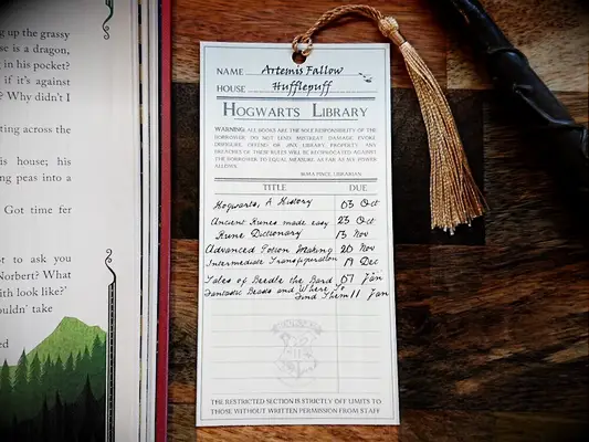 Hogwarts library card bookmark with gold tassel