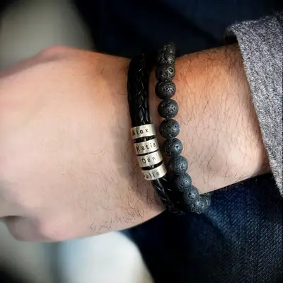 Leather bracelet with custom name beads, gift idea for Father