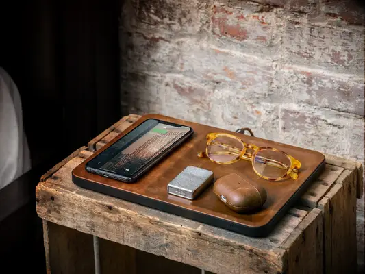 Wireless charging valet tray with brown Italian leather finish useful Valentine