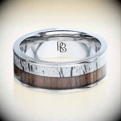 Ring Bear antler and bark inlay ring anniversary gift for him