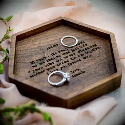 Wooden ring dish featuring a custom engraved message anniversary gift for him