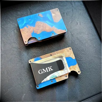Blue resin and wood card holder and money clip groomsmen gift idea