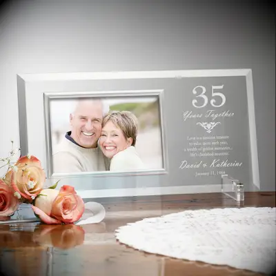 Glass personalized picture frame for a 35th anniversary. 