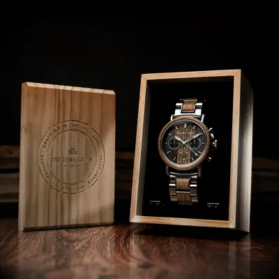 Metal and wood wrist watch