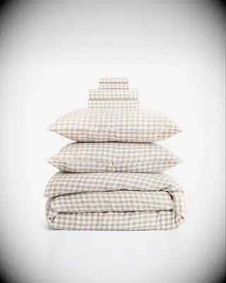 Checked beige linen bed covers anniversary gift
