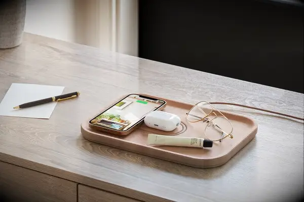 Linen-wrapped charging tray anniversary gift