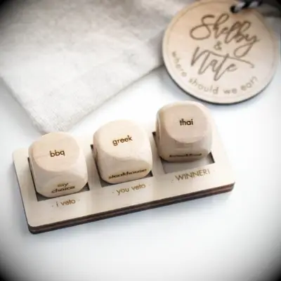 Wooden personalized dice with dinner options on each side cool gift for new relationship 