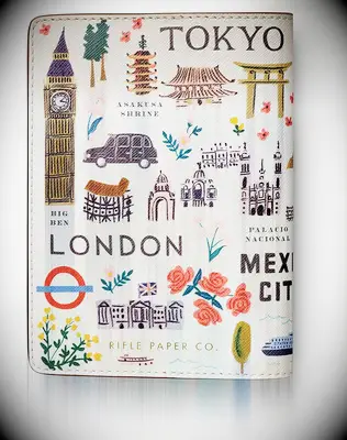 Cute passport cover with colorful images of iconic things from various countries
