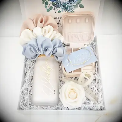 Dusty blue bridesmaid proposal box with travel jewelry case