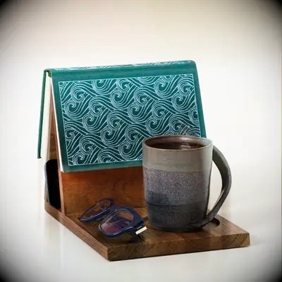 Wooden reading valet for book, phone, glasses and mug