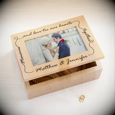 Custom wooden box with engraving and picture frame jewelry box
