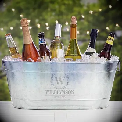Personalized metal drinks bucket filled with bottles of wine 6th anniversary gift