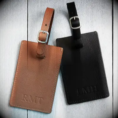 Monogrammed leather luggage tags