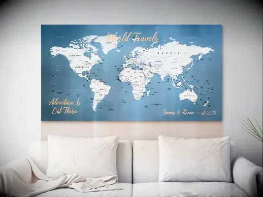 Canvas Vows blue and white push pin world map bridal shower gift