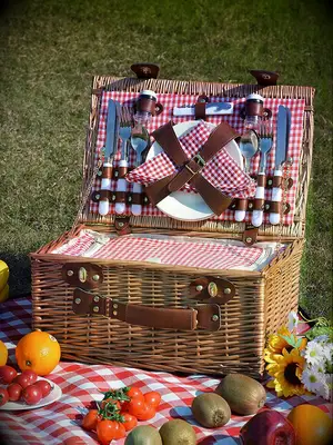 Wicker picnic basket with two complete dinnerware sets bridal shower gift