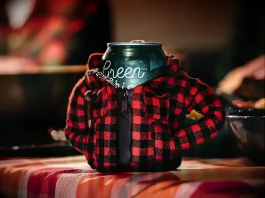 Beverage can with plaid red and black jacket stocking stuffer for wife