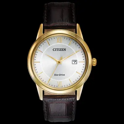 Gold watch with brown leather strap