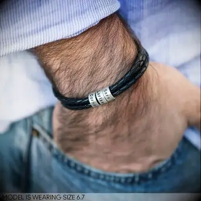 Leather bracelet with name beads anniversary gift for husband