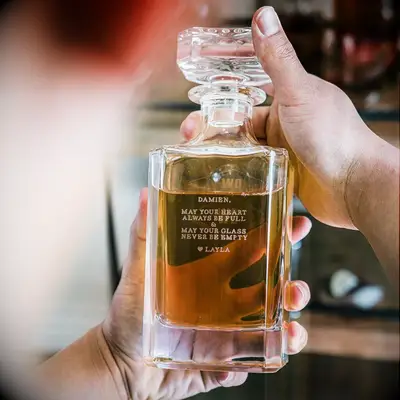 Personalized whiskey decanter gift idea for husband. 