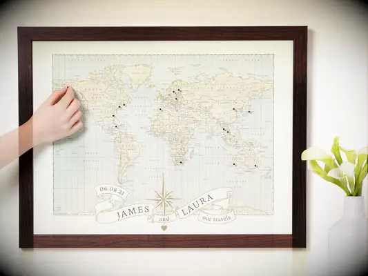 Personalized world map with pushpins 19th anniversary gift