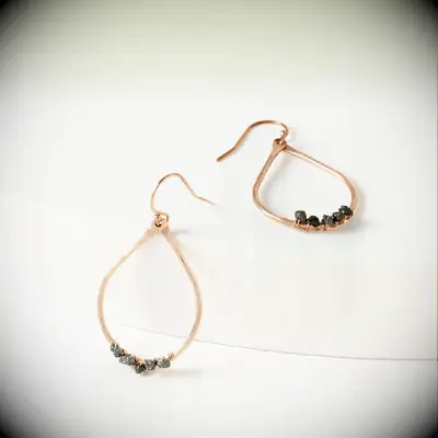 Gold hoop earrings with raw black diamonds 10 year anniversary gift