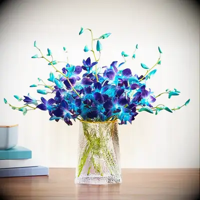 Blue orchid bouquet from 1-800 Flowers 10 year anniversary gift
