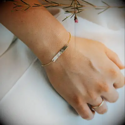 Gold bracelet stamped with personalized birth flowers wedding gift for sister