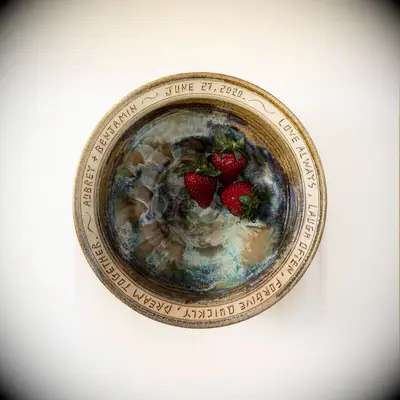 Beautiful serving bowl featuring the couples