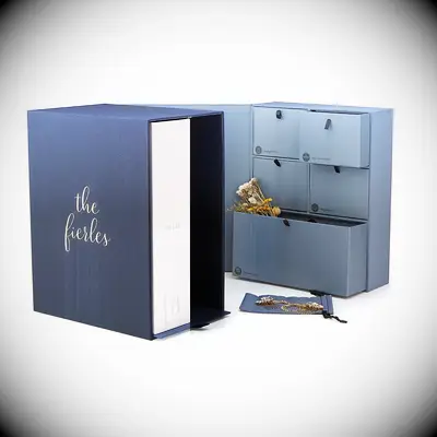 Navy blue cloth-covered organizer that stores wedding keepsakes in drawers, files, and cloth bags for anniversary gift