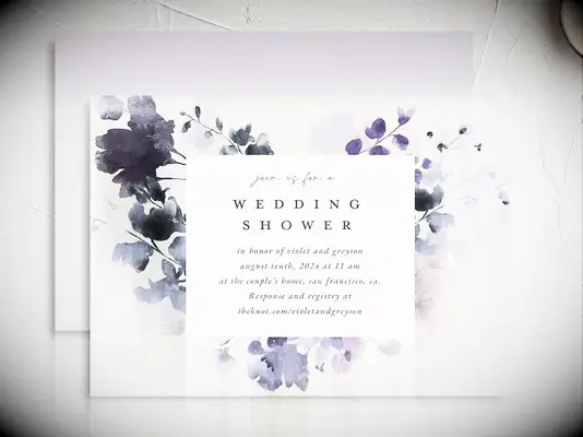 Wedding shower invitation with purple blooms showing shower registry information