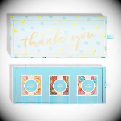 Box of assorted gourmet candies in a light blue rectangular box thank-you gift