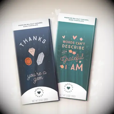 Chocolate bars featuring phrases of gratitudes on the packaging thank-you gift