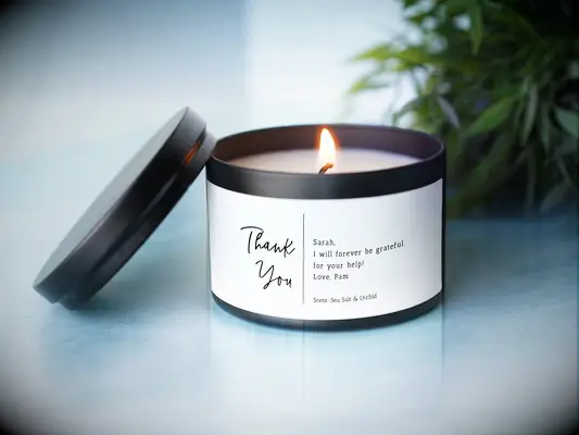 Small candle with a personalized message thank-you gift