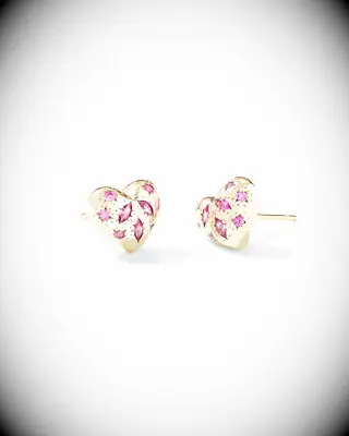 Heart shaped gold earrings with pink gems