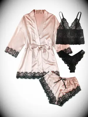 Pink silk robe and shorts with black lace lingerie set