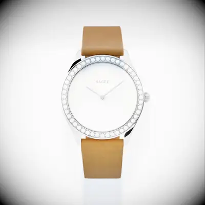 Nacre pearl-accent watch with brown band 30th anniversary gift