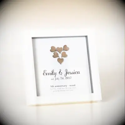 Five-year anniversary wooden heart framed art gift