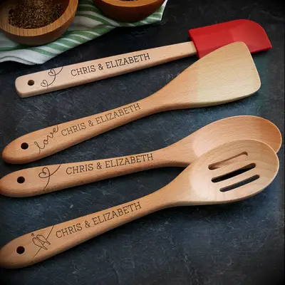 Love Birds Personalized Wooden Utensils for five-year anniversary gift