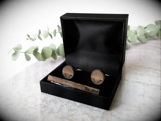 Black gift box with wood cuff links and tie bar five-year anniversary gift