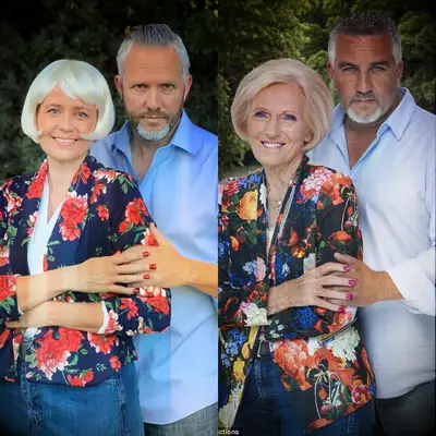 Jenna Fischer and Lee Kirk as Mary Berry and Paul Hollywood from The Great British Bake Off