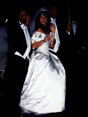 Mariah Carey wearing Vera Wang wedding ball gown dress with tiara