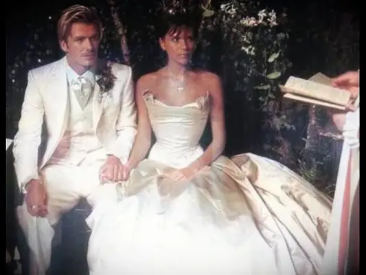 Victoria Beckham wedding dress and David Beckham on wedding day